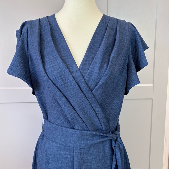 DKNY Womens 8 Midi Dress Blue Pleated V-Neckline Flutter Sleeves Office Party - Picture 3 of 9